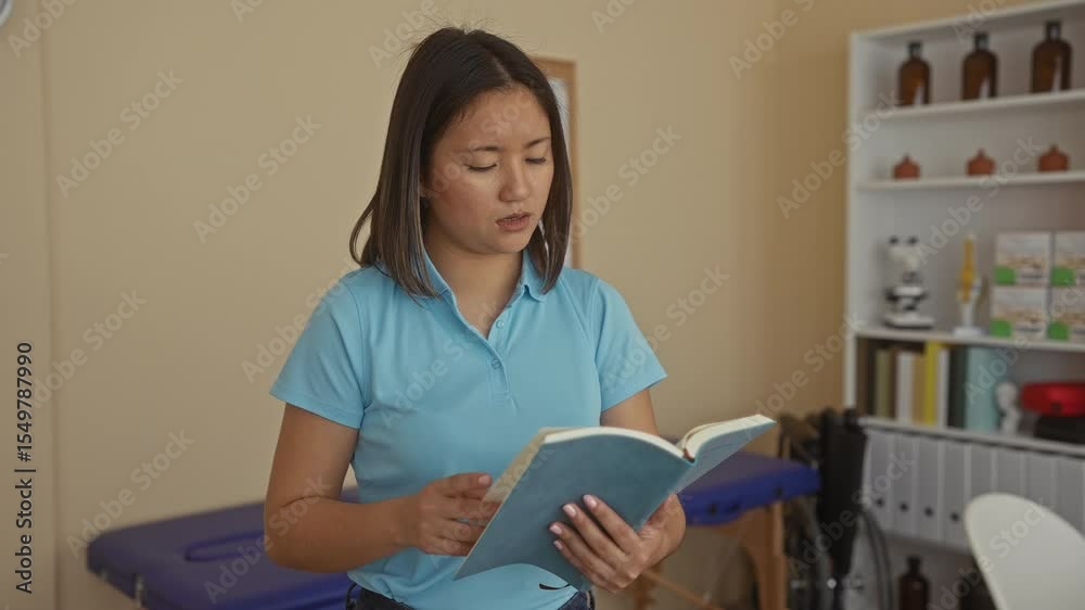 Woman reading book in clinic room, surrounded by medical equipment and shelves, suggesting a healthcare setting featuring a young professional in china.