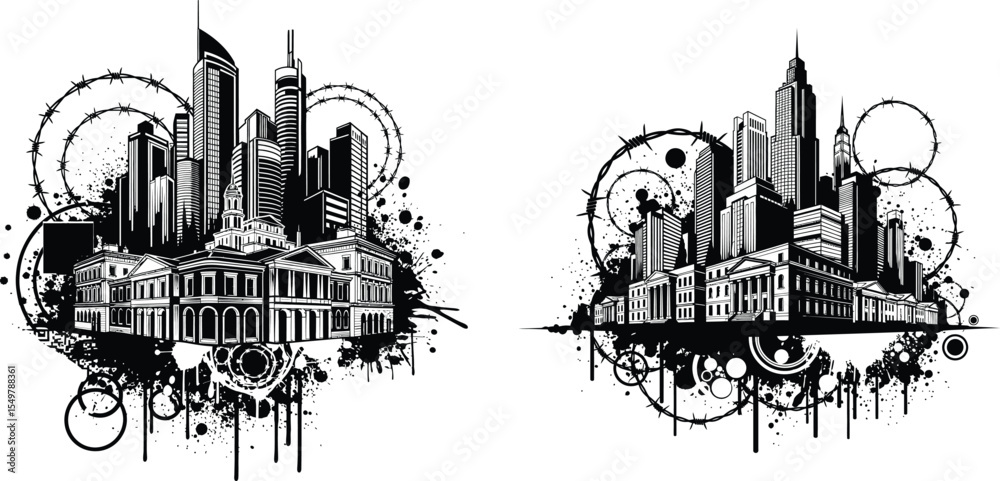Obraz premium Cityscapes with Modern Skyscrapers, Historic Buildings, and Urban Elements
