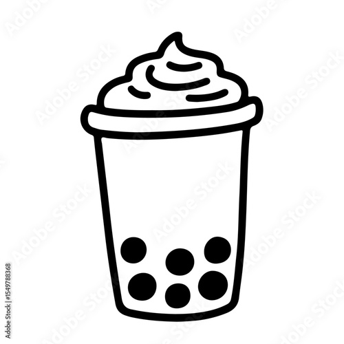 Black and white line art illustration of a bubble tea with whipped cream.