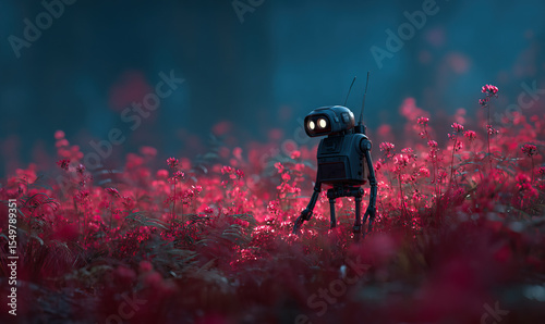 Small Black Robot Standing in a Field of Glowing Red Flowers on Transparent Background

