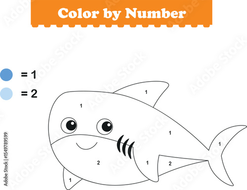 Color by numbers. Coloring page for kids. Coloring with cute shark. Vector illustration