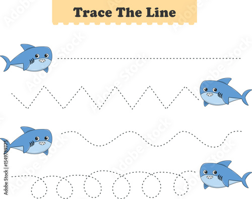 Trace line worksheets for children. Preschool handwriting practice with shark. Vector illustration