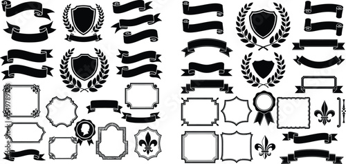 Collection of Heraldic Ribbons, Frames, and Shields for Design Elements and Decorations