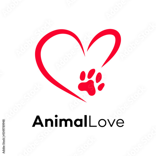 Red Heart Paw Print Animal Love Logo Design Graphic