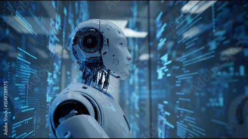 An advanced humanoid robot stands still, surrounded by flowing digital data and blue lights in a high-tech location. The robot exhibits realistic features and intricate design details