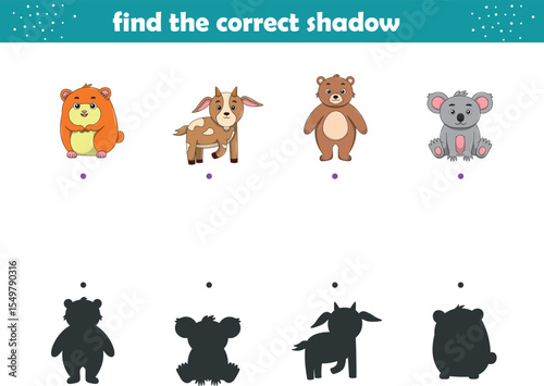 Funny cartoon wild life. Find the correct shadow. Kids Education games. Cartoon vector illustration