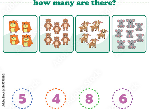 Counting game of wild animals for preschool kids. Printable. Vector Illustration