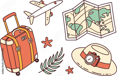Cartoon summer vacation elements with beach umbrella and sun. Cute holiday illustration set with tropical items and ocean icons. Fun beach theme doodle collection with palm tree and ice cream. Summer