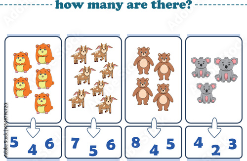 Counting game of wild animals for preschool kids. Printable. Vector Illustration