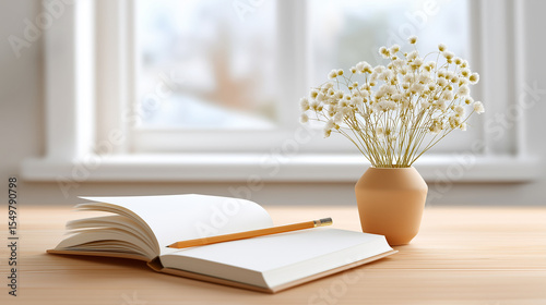 Minimalist workspace with blank spiral notebook, wooden pencil, and dried baby's breath flowers in vase on white wooden desk. Large window with natural light in background.