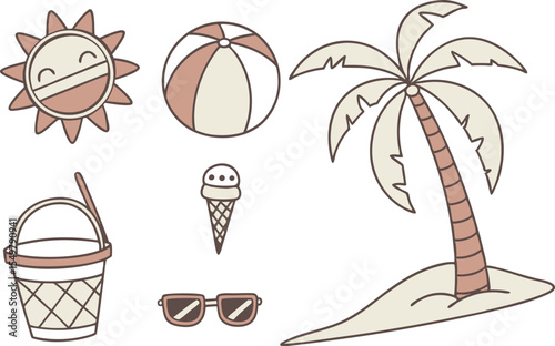 Cartoon summer vacation elements with beach umbrella and sun. Cute holiday illustration set with tropical items and ocean icons. Fun beach theme doodle collection with palm tree and ice cream. Summer