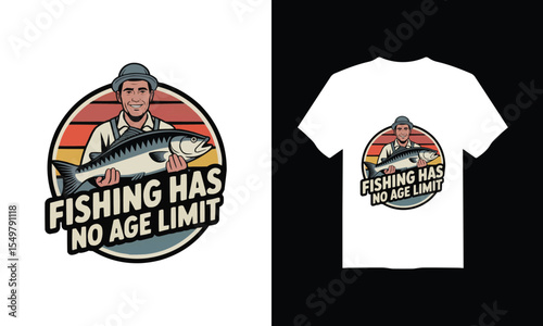 Fishing has no age limit T-shirt – Vintage Sunset Fisherman, Vector Illustration