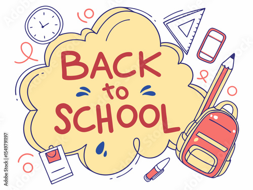 Back to school concept illustration with a modern flat design.  surrounded by school-related doodles. Bright, cheerful, and academic theme