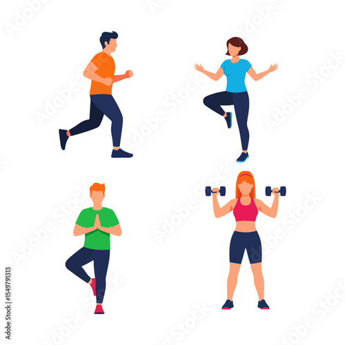 set of vector people practice . Illustrations of people. run , practice, gym isolated object flat style 2D