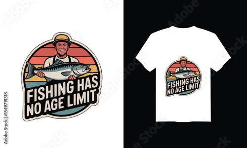 Fishing has no age limit T-shirt – Vintage Sunset Fisherman, Vector Illustration