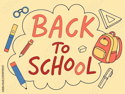 Back to school concept illustration with a modern flat design.  surrounded by school-related doodles. Bright, cheerful, and academic theme