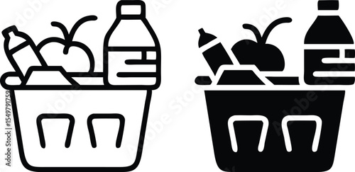 Minimalist Grocery Basket Icon – Silhouette of Shopping Basket Filled with Milk, Apple, Bread & Bottle, Black & White Vector