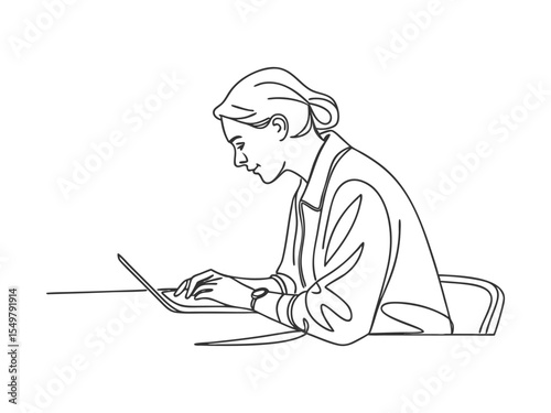 vector portrait of an older woman in one line with color spots on the background. Vector illustration