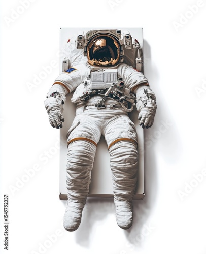 Astronaut suit, laid supine on a white surface