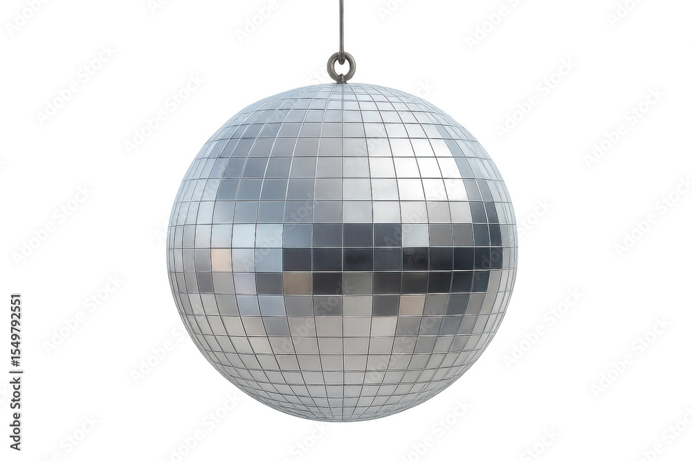 Fototapeta premium Glittering silver disco ball reflecting multicolored lights, suspended against transparent backdrop, symbolizing festive party atmosphere
