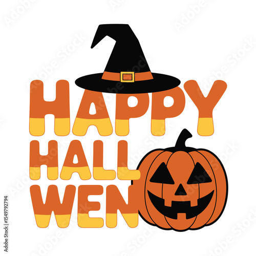Bright, bold letters spell out Happy Halloween beside a carved pumpkin with a classic toothy grin