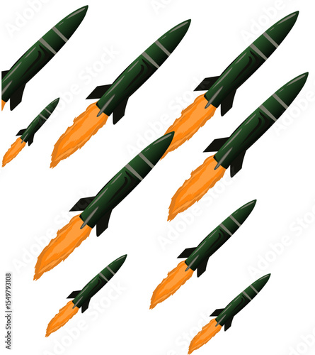 Striking image of a high-tech missile, representing global conflict and future battles. Modern fighter jets and devastated futuristic buildings emphasize the destructive power of advanced military wea