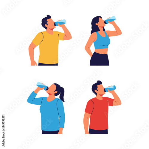 Set of people drinking water . drink, Illustrations of people. isolated object flat style 2D
