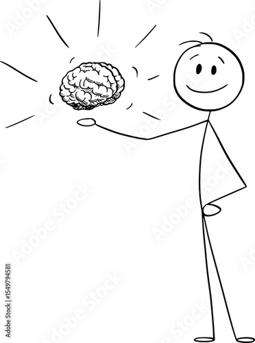 Person holding or presenting human brain or intelligence, vector cartoon stick figure or character illustration.