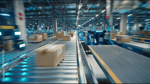 A large, state-of-the-art logistics warehouse operates with automated conveyor systems transporting packages. The advanced technology enhances efficiency in sorting and delivering goods swiftly