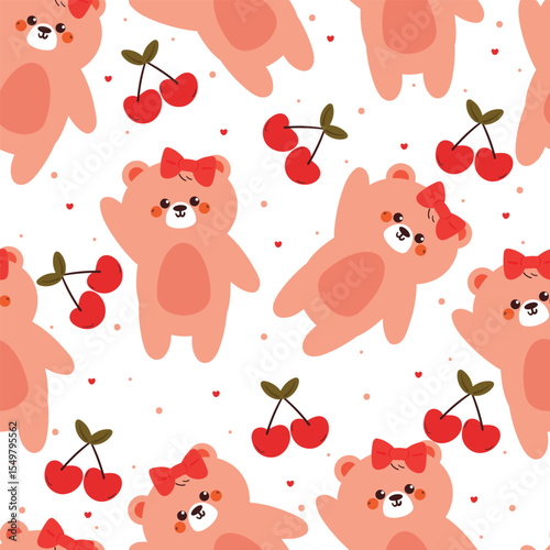 cute hand drawing cartoon bear with cherry seamless pattern. cute animal pattern in white background for gift warp paper and wallpaper