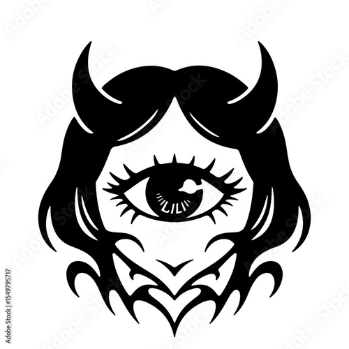 Black and white vector illustration of a one-eyed devil girl with horns, decorative design element