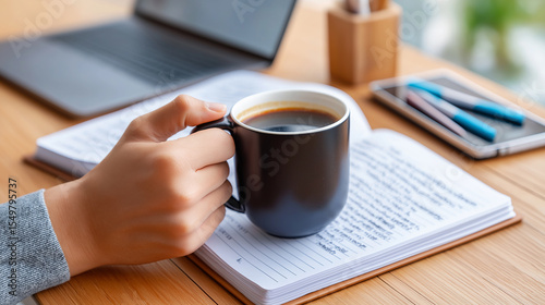 Someone studying with a laptop, notebooks filled with notes, and a cup, likely in Bangkok , entrepreneur.