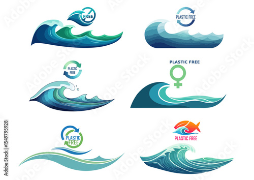 Ocean wave with plastic-free symbol floating above in stylized marine colors, flat vector illustration of ocean protection concept on white