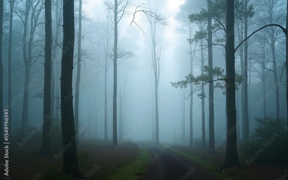 Naklejka premium Foggy morning in a forest with tall trees shrouded in a light haze. Suitable for themes about nature, ecology and morning atmosphere. High quality