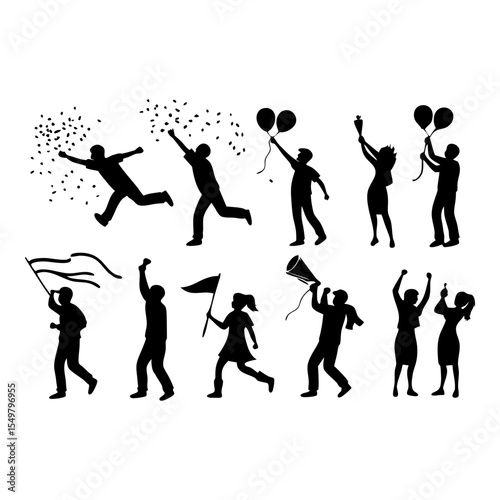 Silhouette Celebrations: A collection of vibrant, stylized silhouettes of people celebrating with flags, confetti and balloons; capturing the universal experience of joy, triumph, and jubilation.