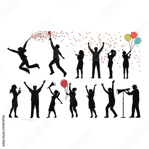 Celebration Silhouettes: A collection of diverse silhouettes celebrating joyfully, showcasing various expressions of happiness and excitement.