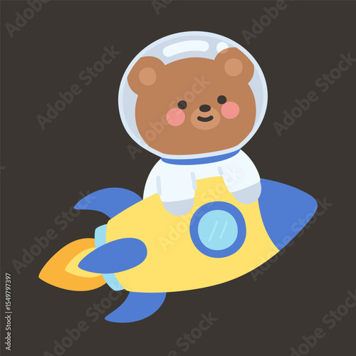 Flat Style Bear Astronaut Riding Colorful Rocket in Space