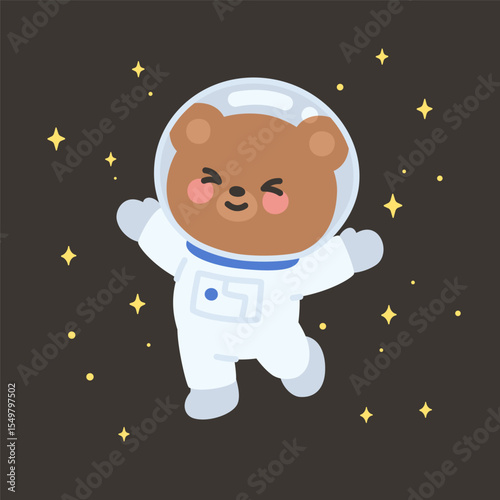 Cute Flat Style Bear Astronaut Floating in Space with Sparkling Stars