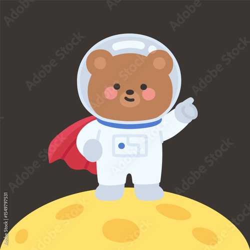 Flat Style Bear Astronaut with Red Cape Pointing Heroically from the Moon