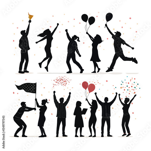 Silhouette Celebration: Diverse silhouettes of people celebrating success, unity, and achievement, filled with excitement and confetti, representing milestones and goals achieved. 