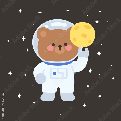Flat Style Bear Astronaut Holding Mini Moon with Starry Space Background