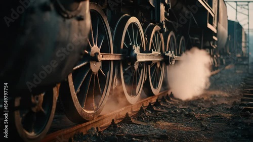 Vintage steam train wheels in motion on rustic tracks with billowing smoke