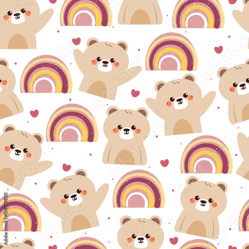 cute hand drawing cartoon bear with boho rainbow seamless pattern. cute animal pattern in white background for gift warp paper and wallpaper