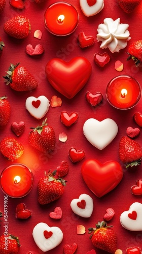 Romantic Arrangement of Strawberries, Hearts, and Candles