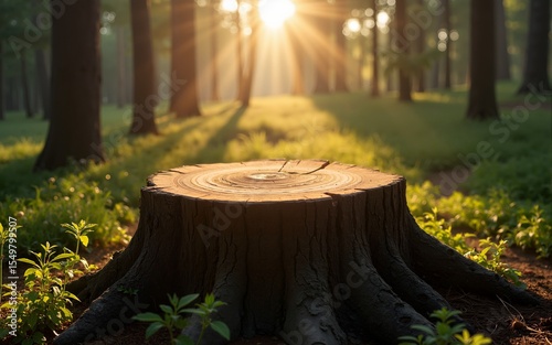 lying tree stump in the forest illuminated by the morning sun deforestation or nature theme. High quality