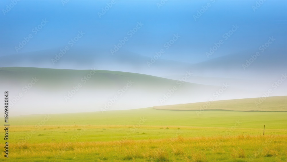 Fototapeta premium Foggy Green Hills with Lush Grass Fields 