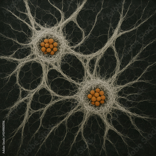 Organic Network Pattern with Filamentous Web and Spherical Clusters – Abstract Close-Up of Neural or Mycelial Structure on Dark Background for Science and Art Concepts