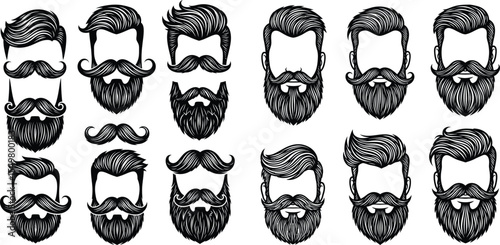 Diverse Set Stylish Hairstyles, Mustaches, and Beards for Masculine Design Projects