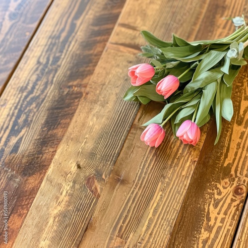 Fresh Pink Tulips Arrangement on Rustic Wooden Table Surface