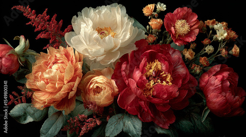 A rich floral arrangement of peonies, roses, and wildflowers in warm tones, isolated against a dark backdrop, ideal for wedding or card designs